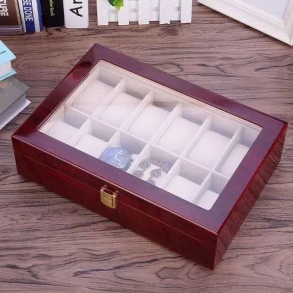 Cherry Watch Display Box, 12 Compartment Glass Top - Picture 2 of 9